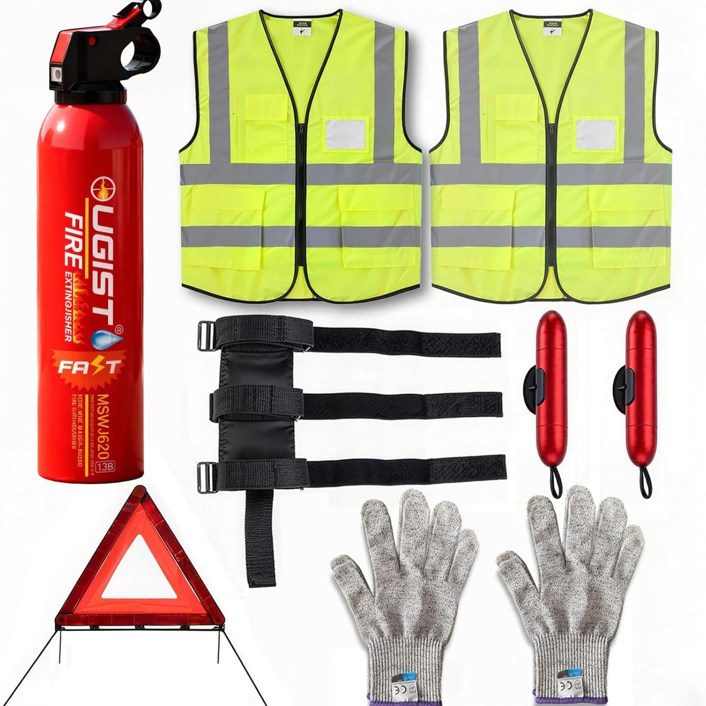 Roadside Safety Kit: Water Fire Extinguisher, Hammer, Vest, Gloves & Triangle